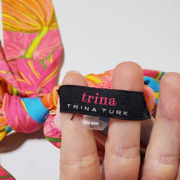 Trina Turk Juju Ginko Printed Jumpsuit Size L Pink Orange Flared Womens - Picture 10 of 11